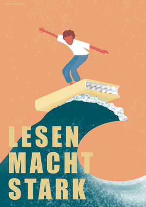 Illustration der Lesebox - ©JESSICA SCHNEIDMILLER Illustration der Lesebox. Ein Mann steht surft auf einem Buch stehend auf einer Welle. Illustration ©JESSICA SCHNEIDMILLER